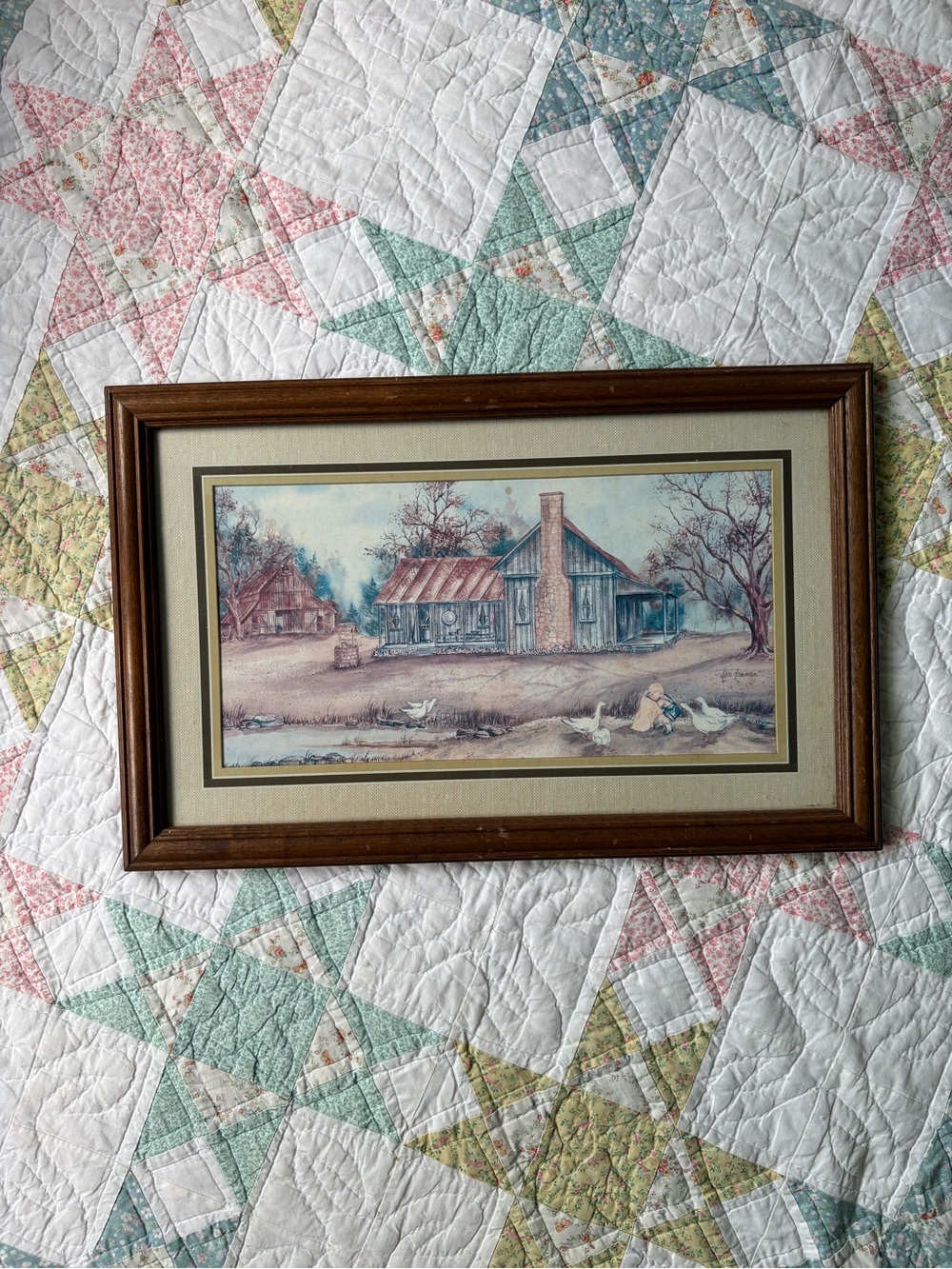 Vintage Ava Freeman Farmhouse Print Wood Frame Glass Barn Geese Cottagecore 80s